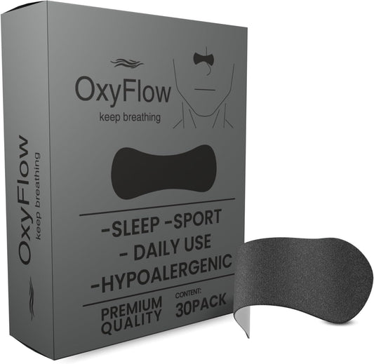 OxyFlow Nasal Strips front packaging showing 30 count black strips for snoring relief.
