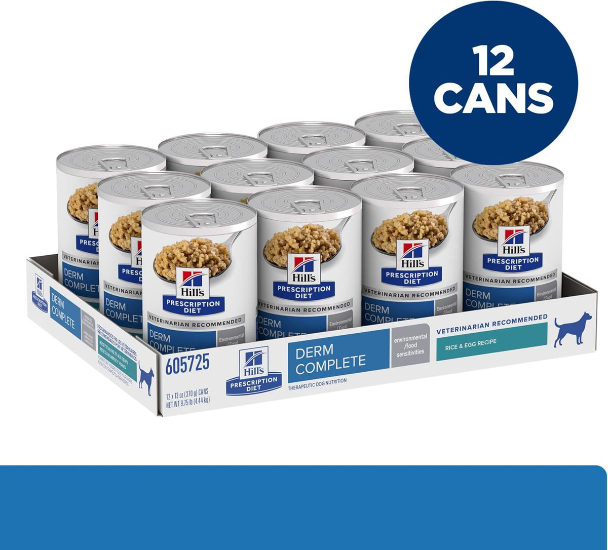 USA imported Hill's Prescription Diet canine skin care food cans side view
