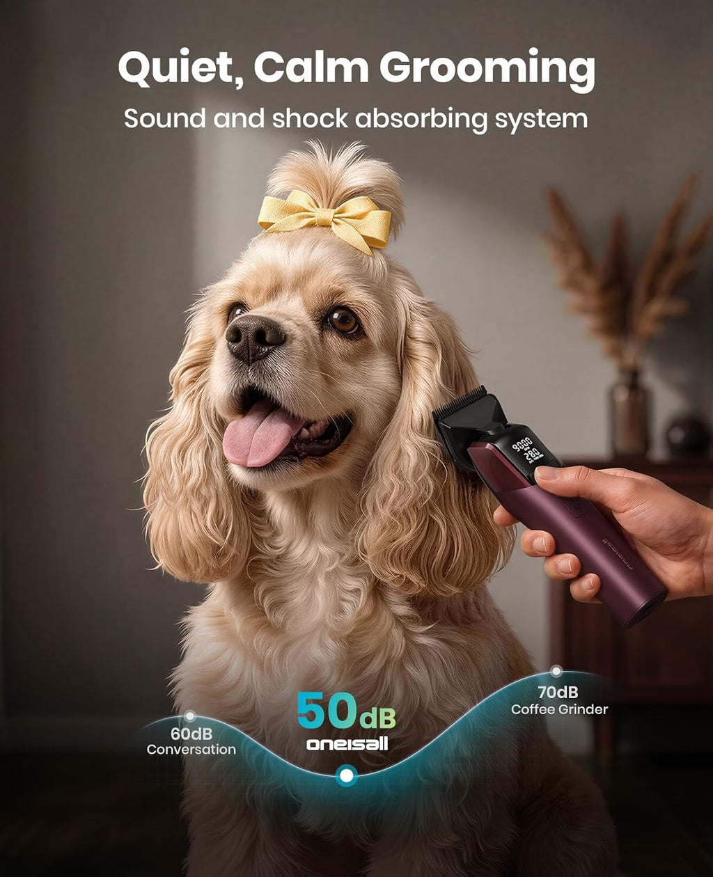 Low noise dog clippers for thick hair being charged with cordless battery display