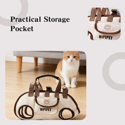 Close up of convenient storage pocket on pet sling bag