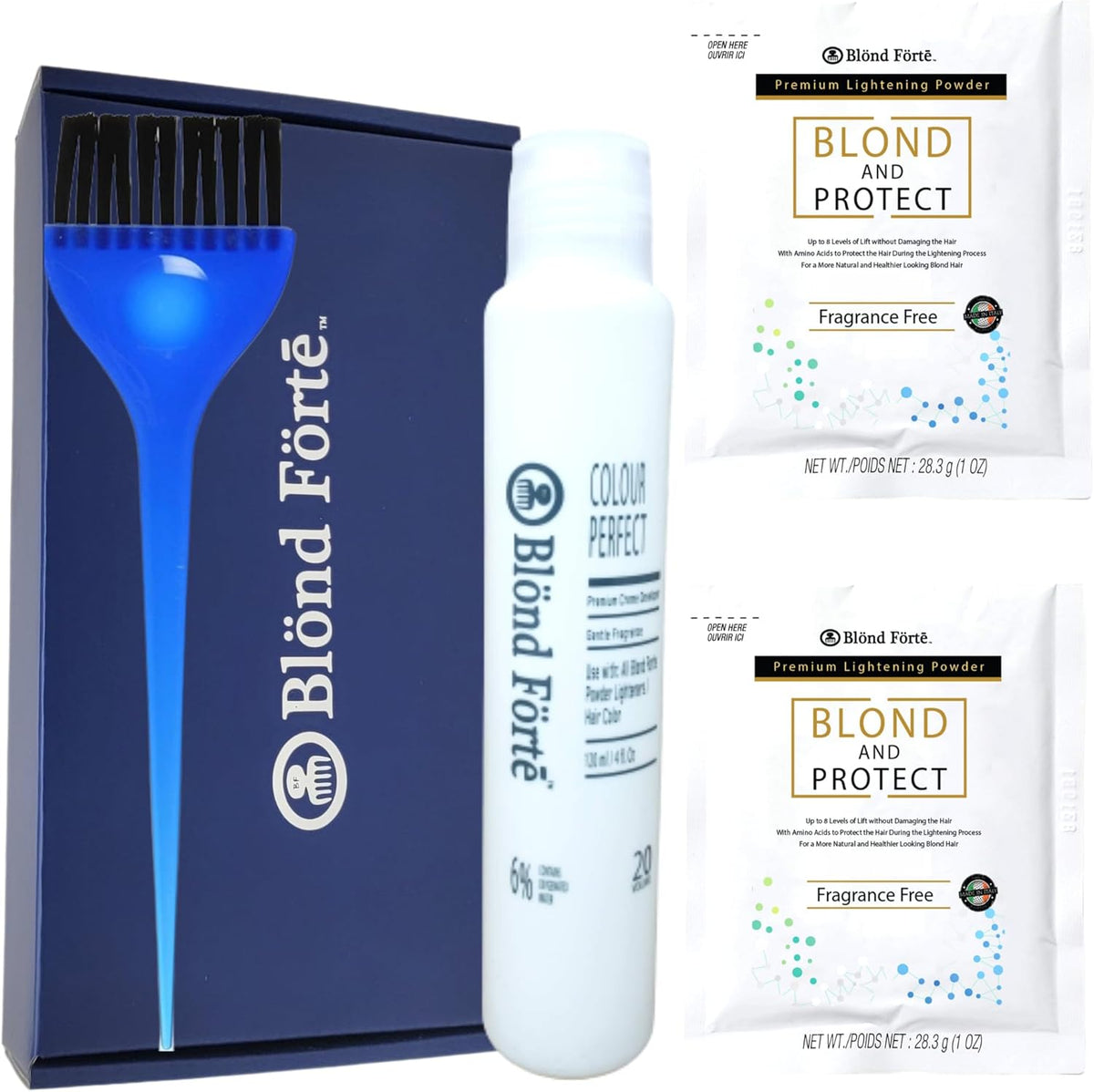 Blond Forte DIY Blond and Protect Hair Bleach Lightening Kit front view showing the blue powder container and professional applicator brush.
