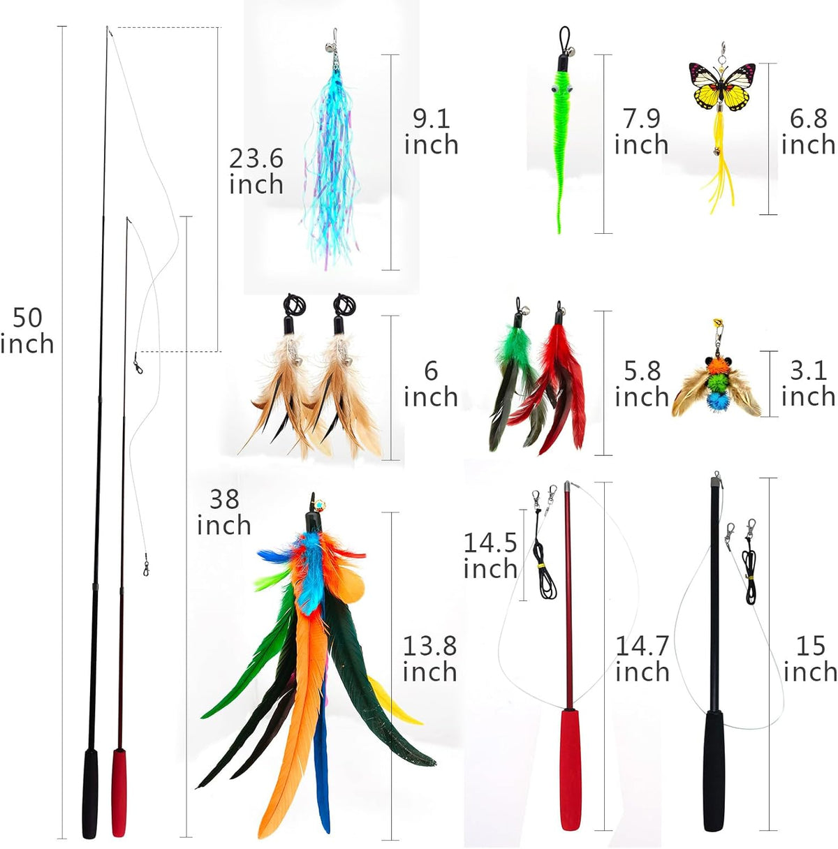 Fully extended fifty inch telescopic cat teaser wand demonstrating maximum room coverage for active pet play.