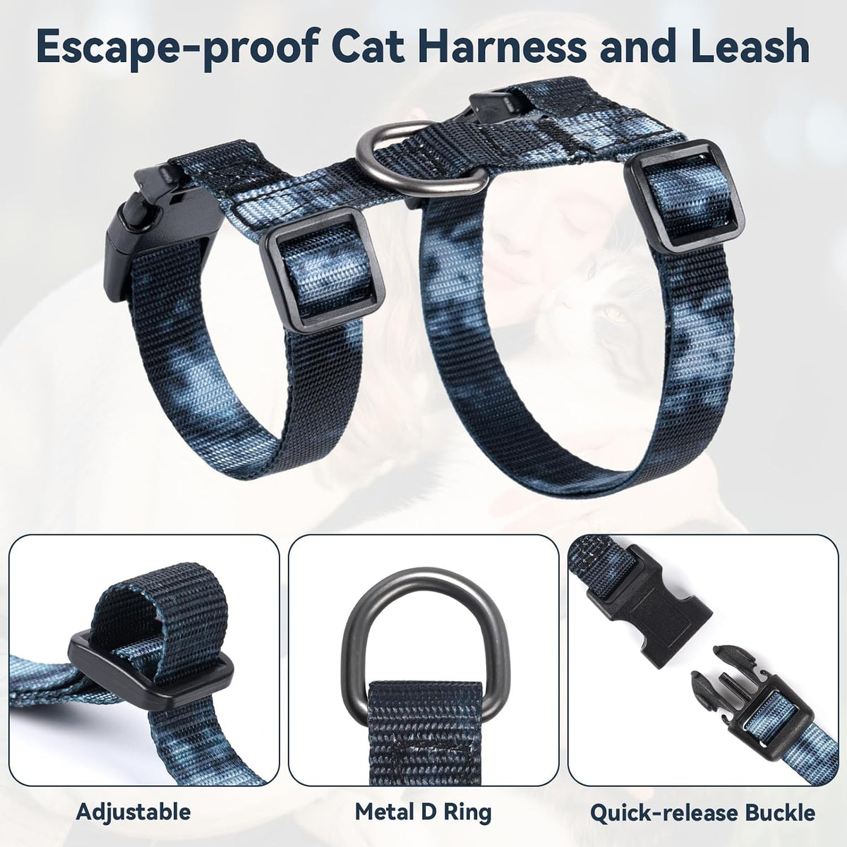 Premium adjustable H-shaped cat safety vest with durable stainless steel D-ring.