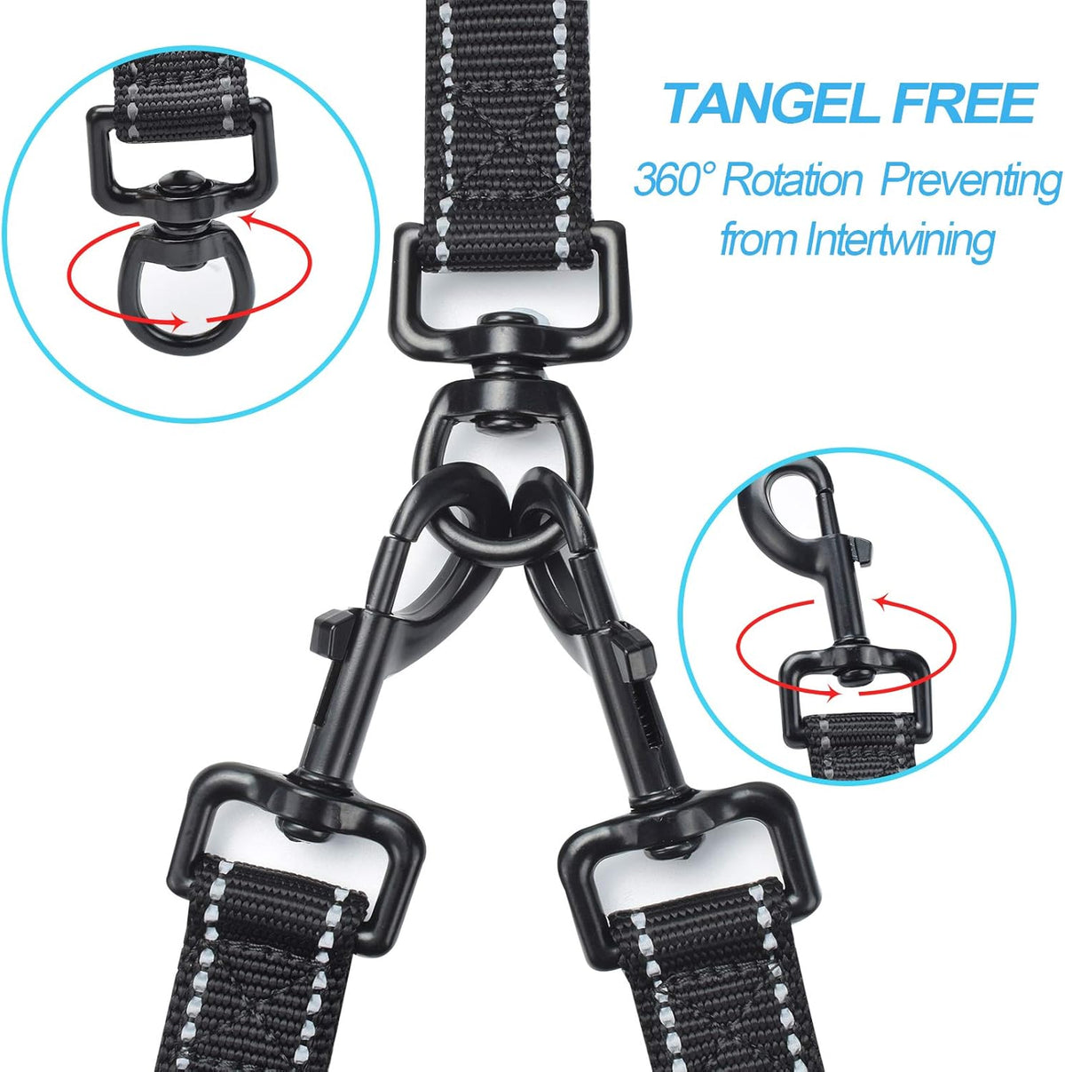 PetBonus no tangle dual leash close up view of the three hundred sixty degree swivel clasp.