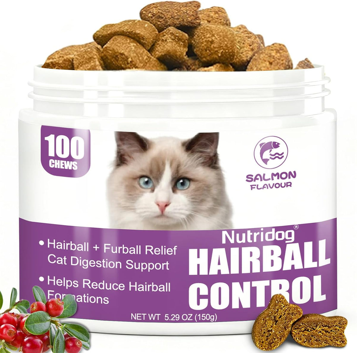 Pet Naturals Hairball Remedy Chews front view packaging of salmon flavor cat treats.