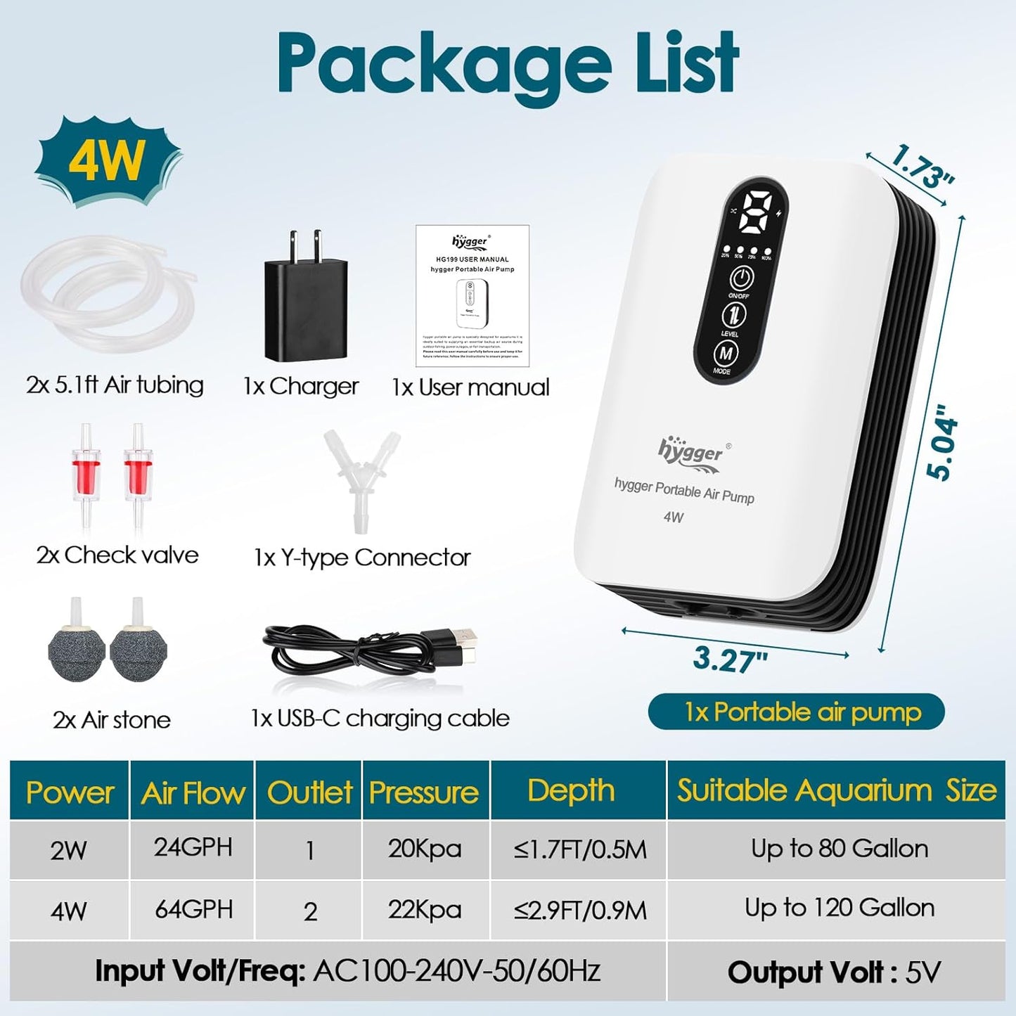 Hygger 4 watt rechargeable aquarium air pump components layout