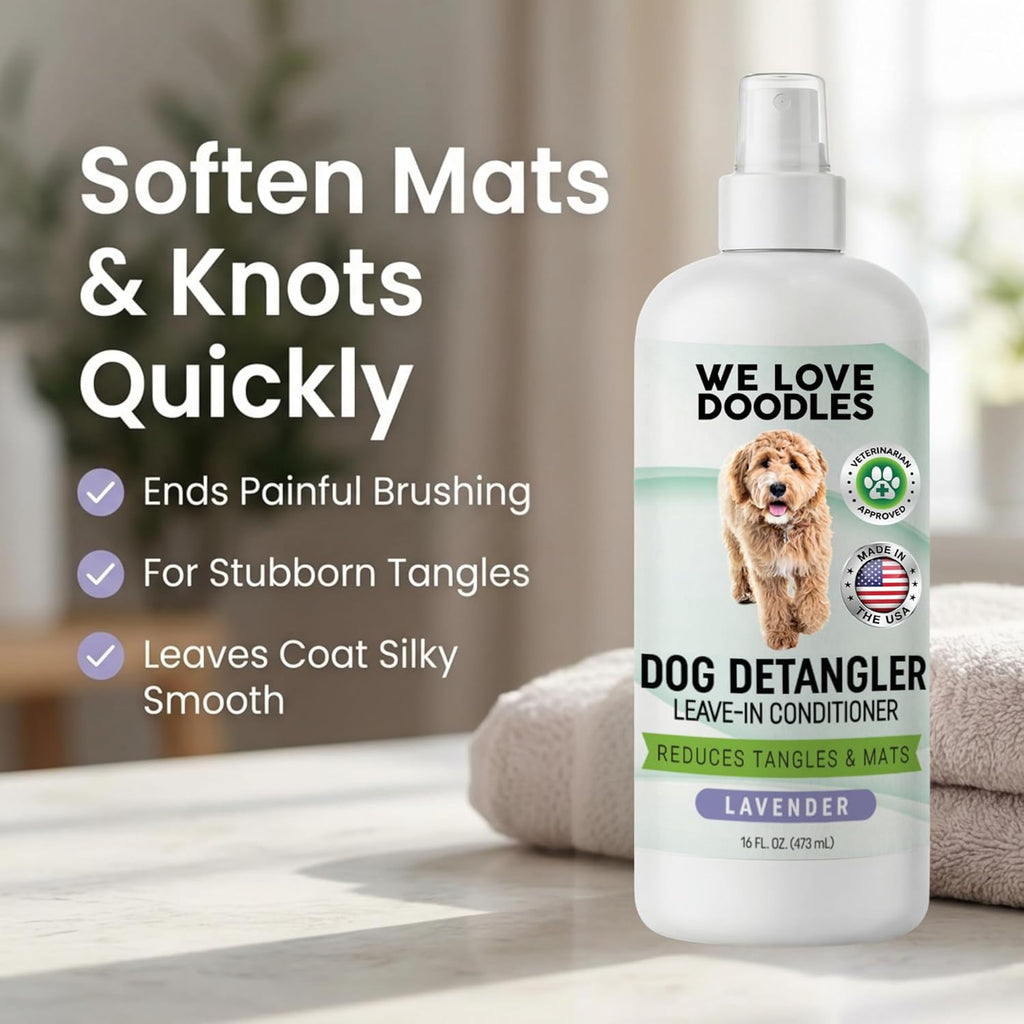 We Love Doodles dematting spray for dogs showcasing the premium organic oatmeal ingredients.