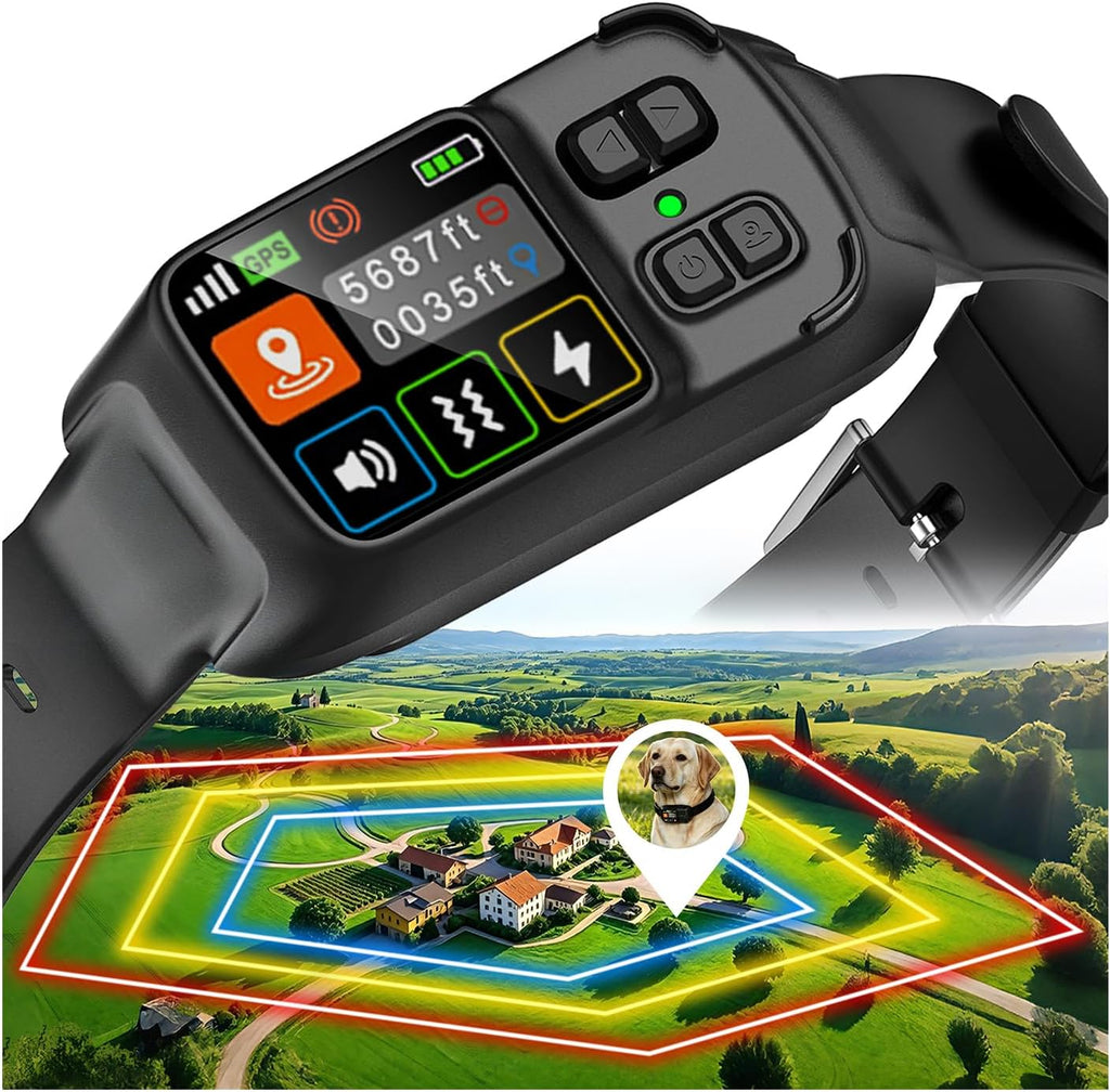 Sglyq GPS wireless dog fence system front view displaying the electronic boundary collar screen.