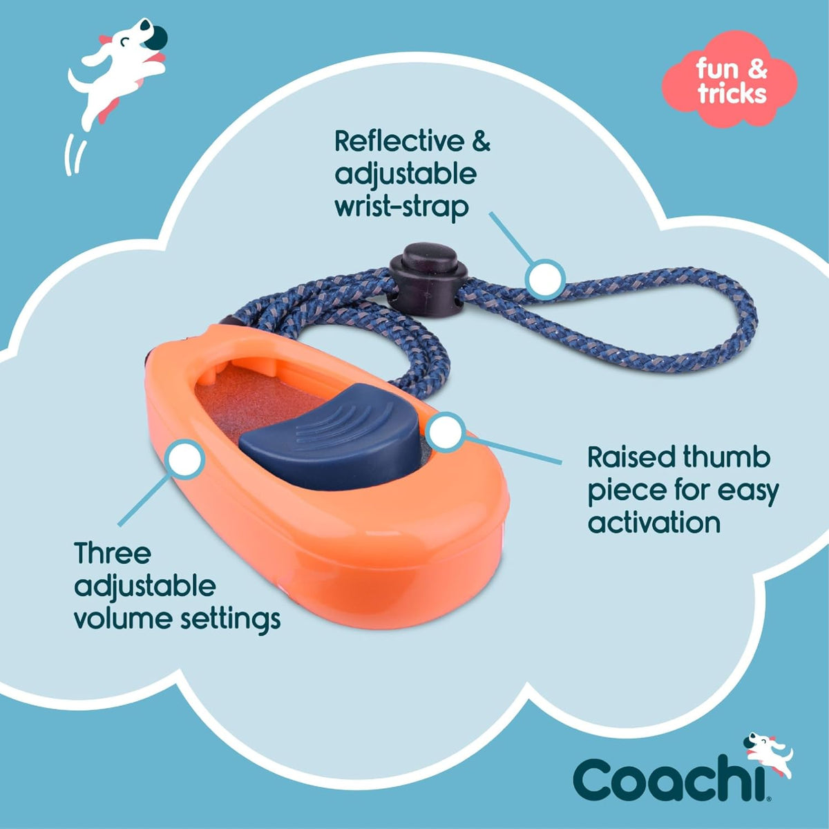 Coachi Multi-Clicker pet tool featuring the raised ergonomic thumb piece for easy clicking