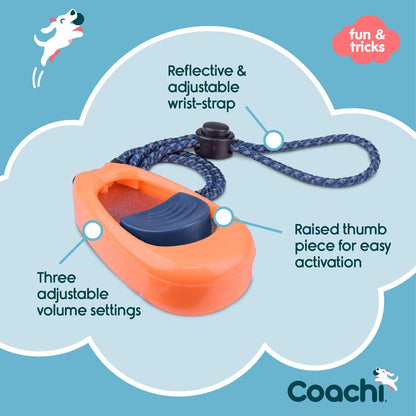 Coachi Multi-Clicker pet tool featuring the raised ergonomic thumb piece for easy clicking
