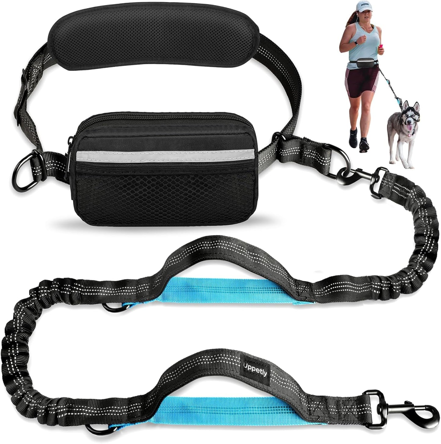 Uppetly hands-free dog running leash with waist belt and pouch front view