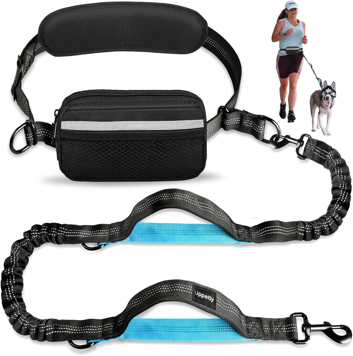 Uppetly hands-free dog running leash with waist belt and pouch front view