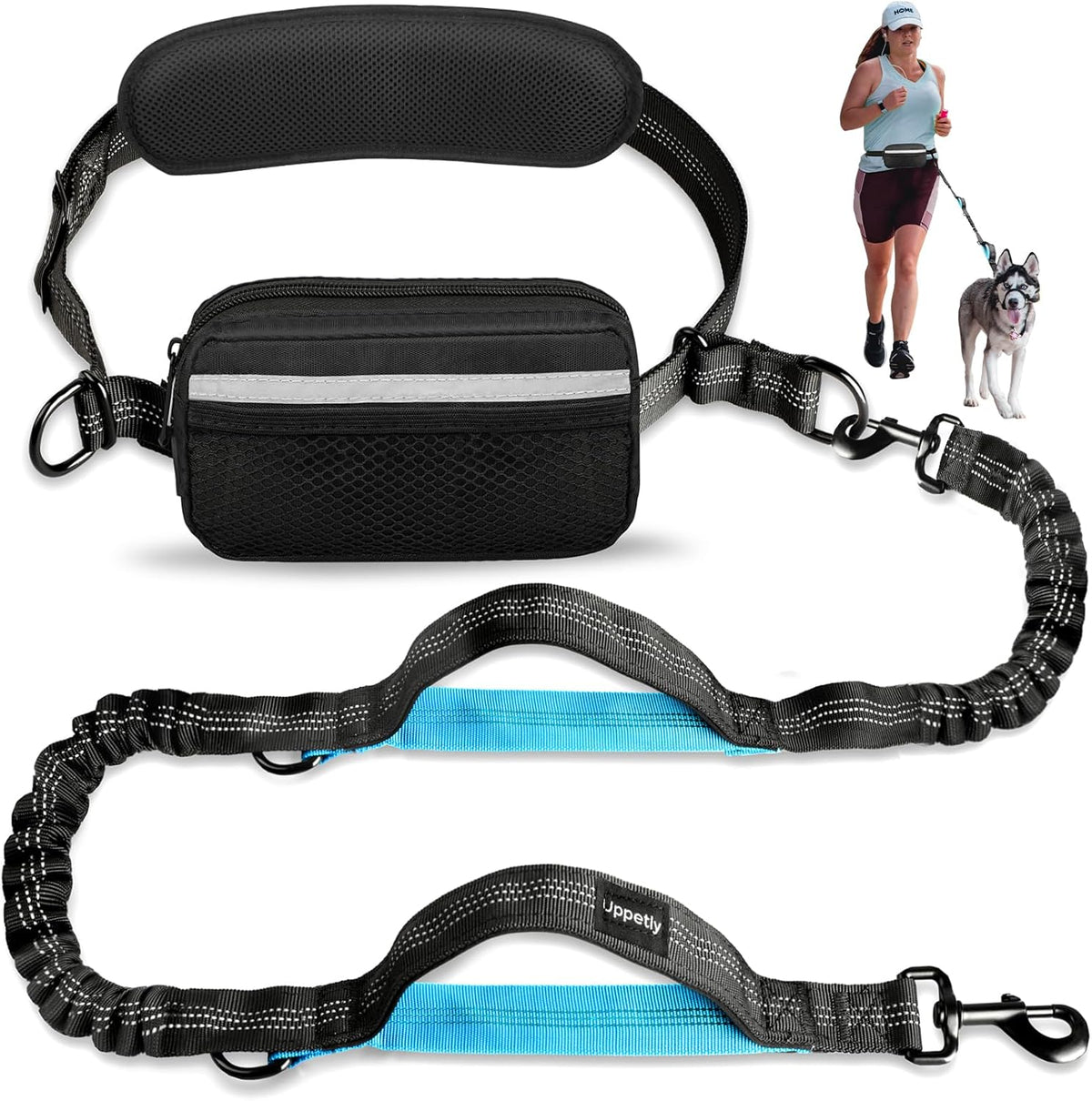 Uppetly hands-free dog running leash with waist belt and pouch front view