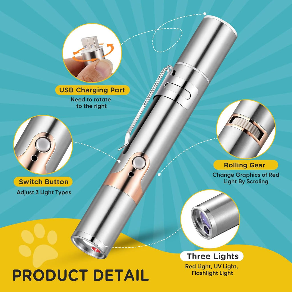 Koackl interactive dog and cat training wand illustrating the five adjustable graphic projection patterns.