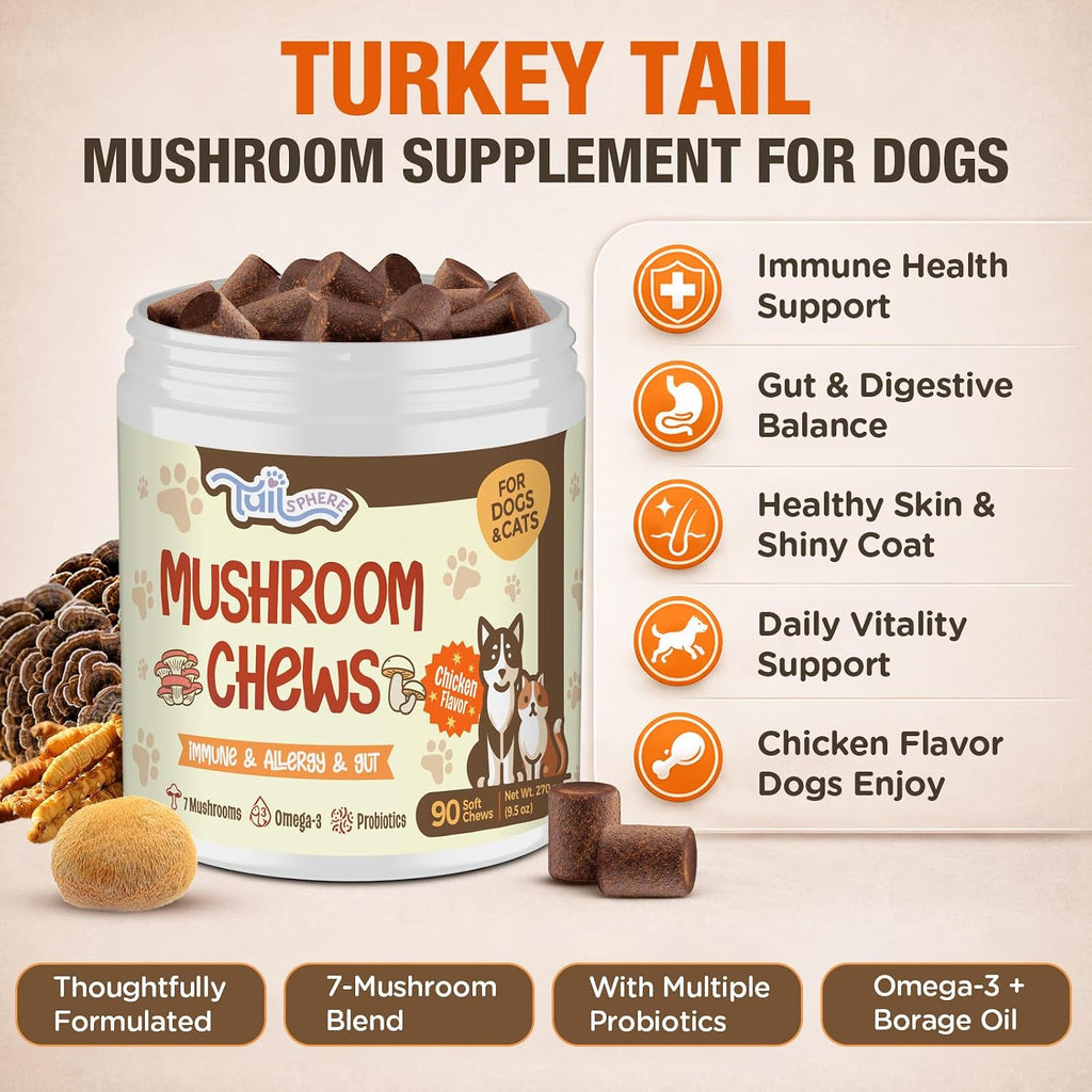 TailSphere dog mushroom supplement container highlighting seven mushroom blend and probiotics