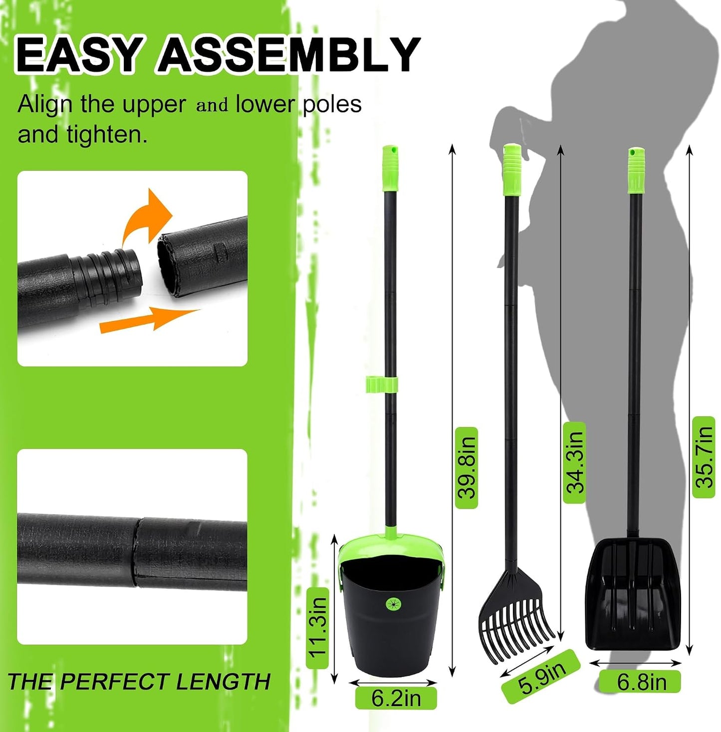All components of the ibestbuy three piece pooper scooper set clipped together for compact storage