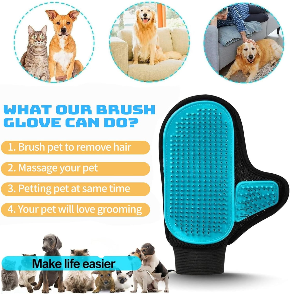 Pet grooming glove showing five finger design for easy brushing