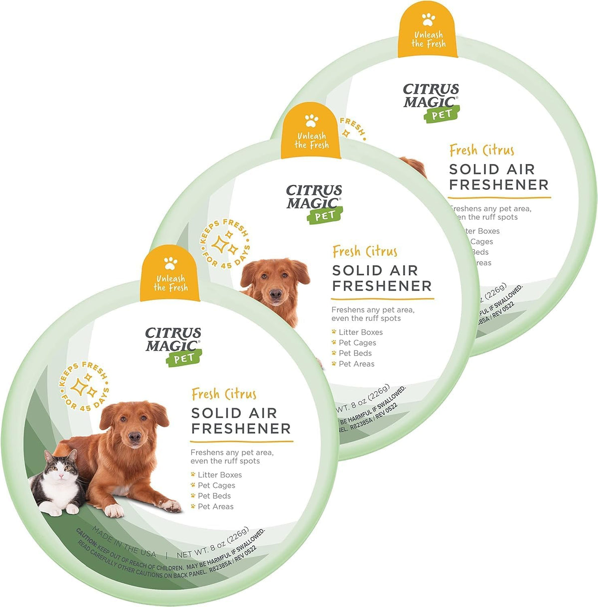 Citrus Magic Pet Odor Absorbing Solid Air Freshener front view of the pack of three product packaging.