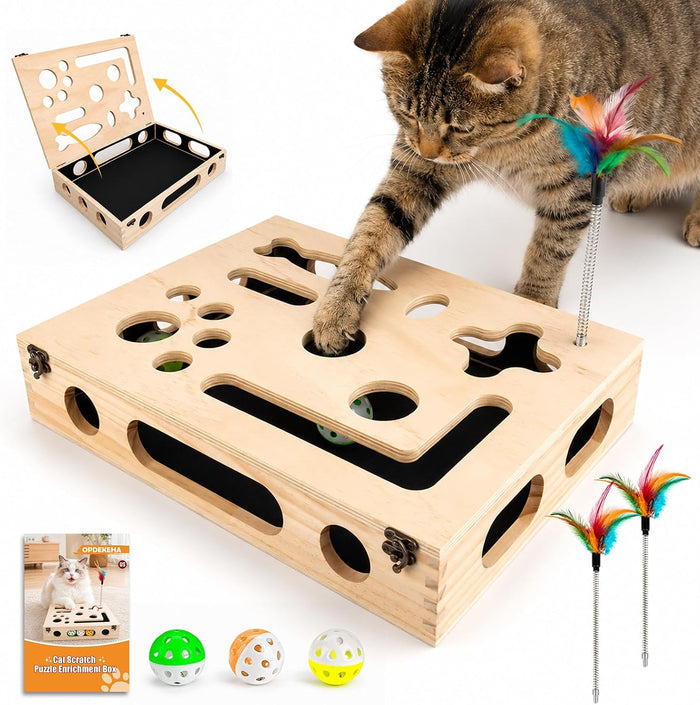 Cat Scratch Puzzle Enrichment Box, Interactive Cat Toy for 3 Balls & 2 Wand - Image 1