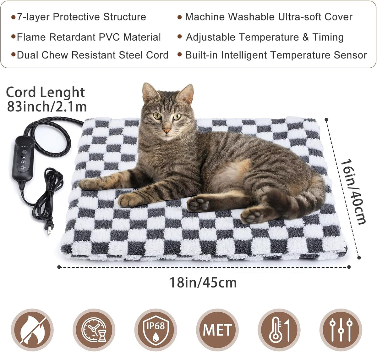 Bengal cat sitting comfortably on an adjustable temperature pet heating pad.