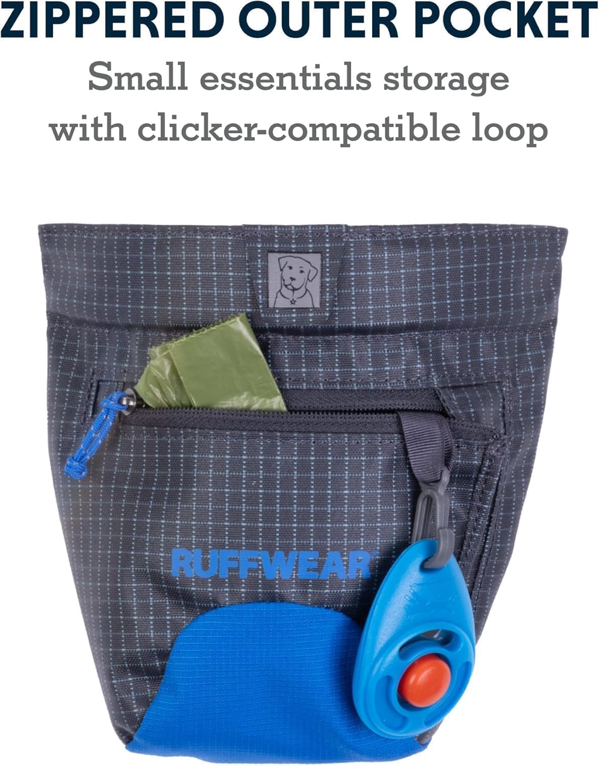 Ruffwear green dog treats carrier with adjustable waistband and belt clip