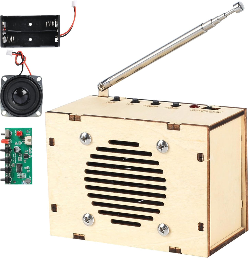 CYOEST DIY FM Radio STEM Kit front view of assembled classic wood electronic radio cabinet showing speaker and antenna.
