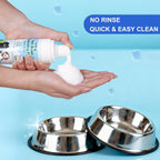 Thick foam enzyme cleanser removing saliva biofilm from pet dishes