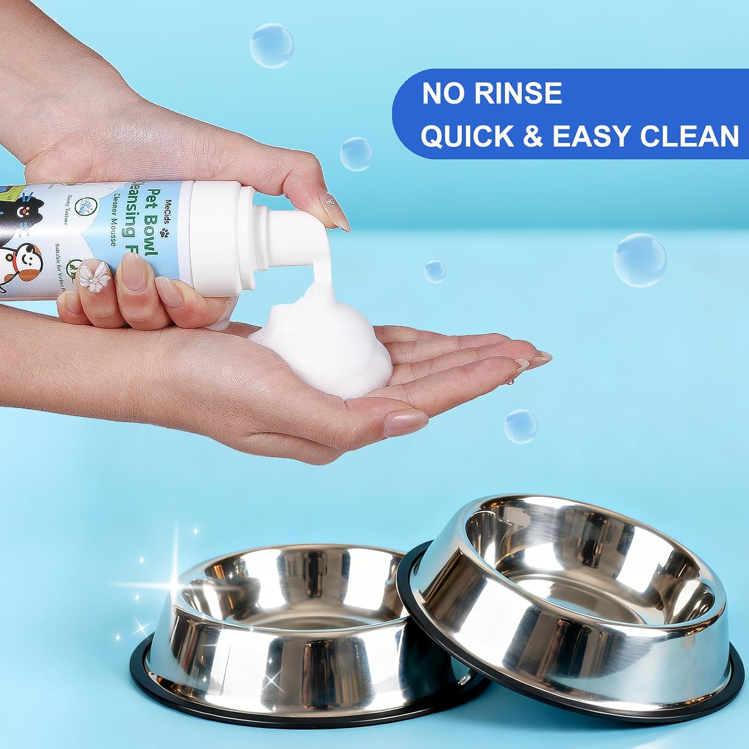 Thick foam enzyme cleanser removing saliva biofilm from pet dishes