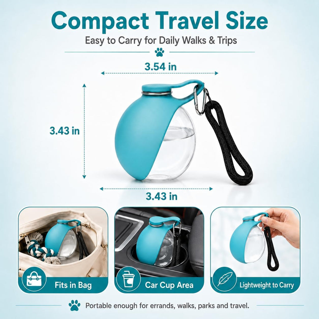 Vadeny pet travel dispenser with the blue silicone sleeve flipped open into a wide drinking bowl shape
