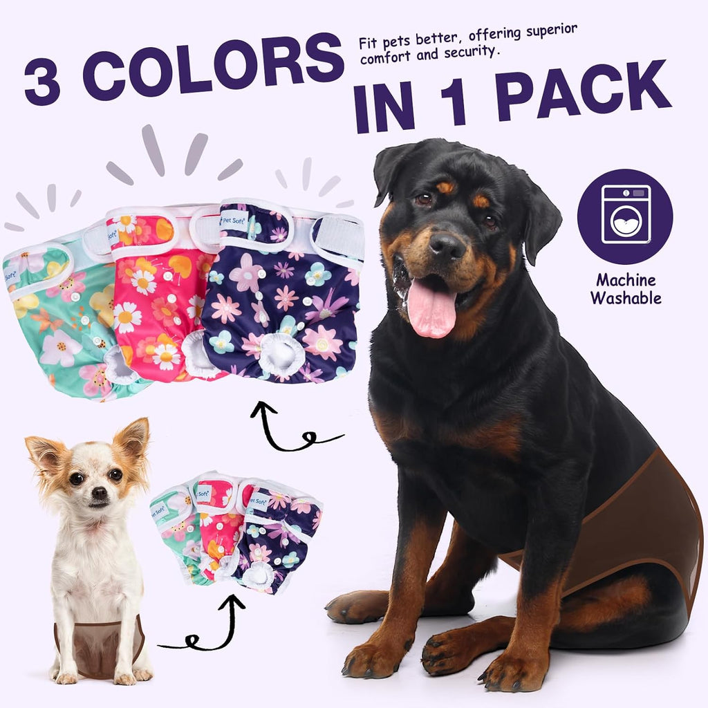 Three pack of Pet Soft reusable female doggy diapers in different floral colors.