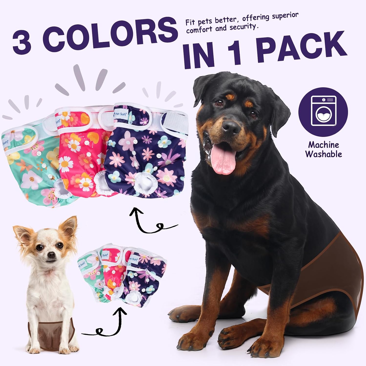 Three pack of Pet Soft reusable female doggy diapers in different floral colors.
