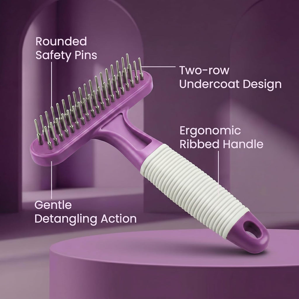Dual row pet grooming rake for shedding control