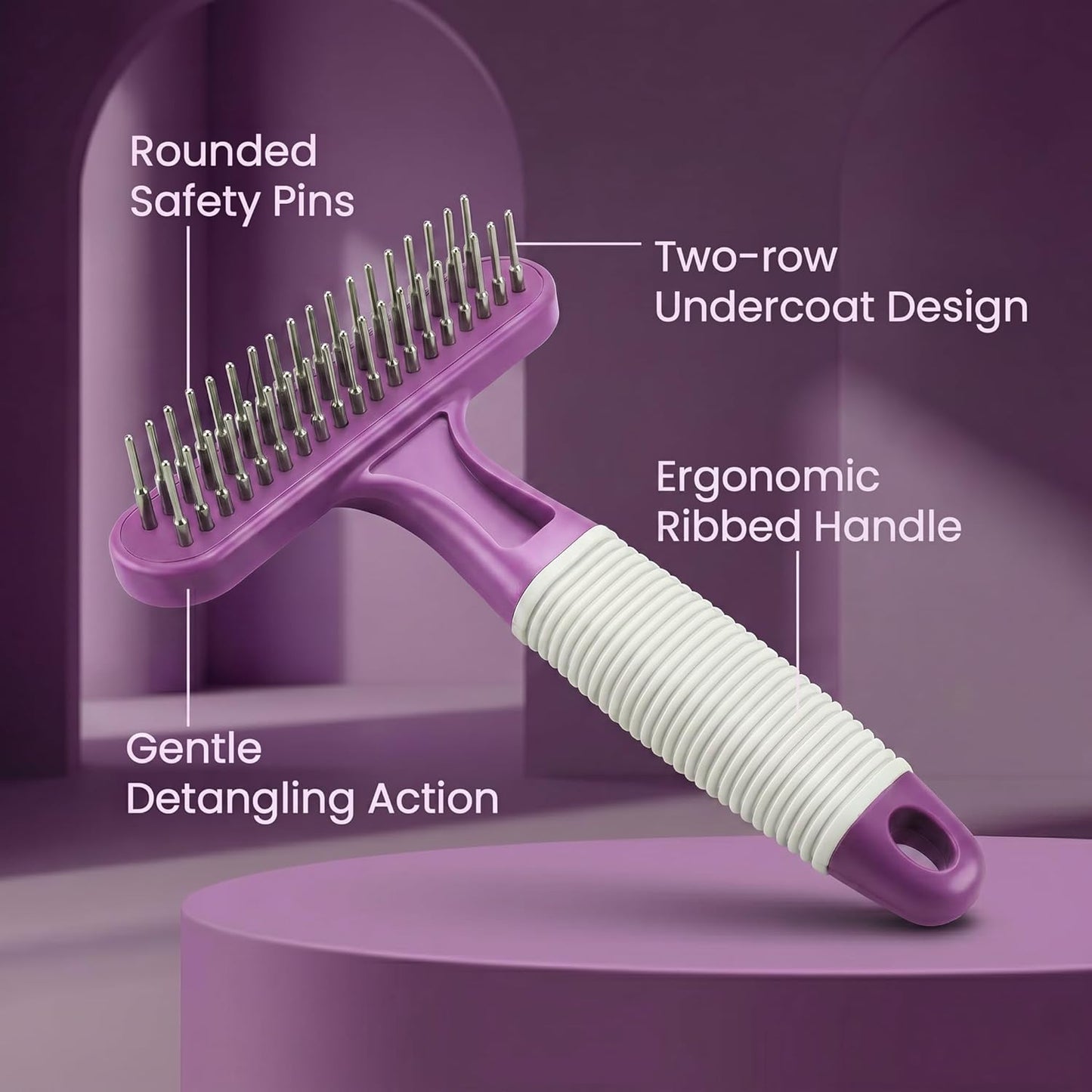 Dual row pet grooming rake for shedding control