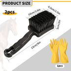 Two pieces of black utility scrub brushes with stiff synthetic bristles and yellow gloves