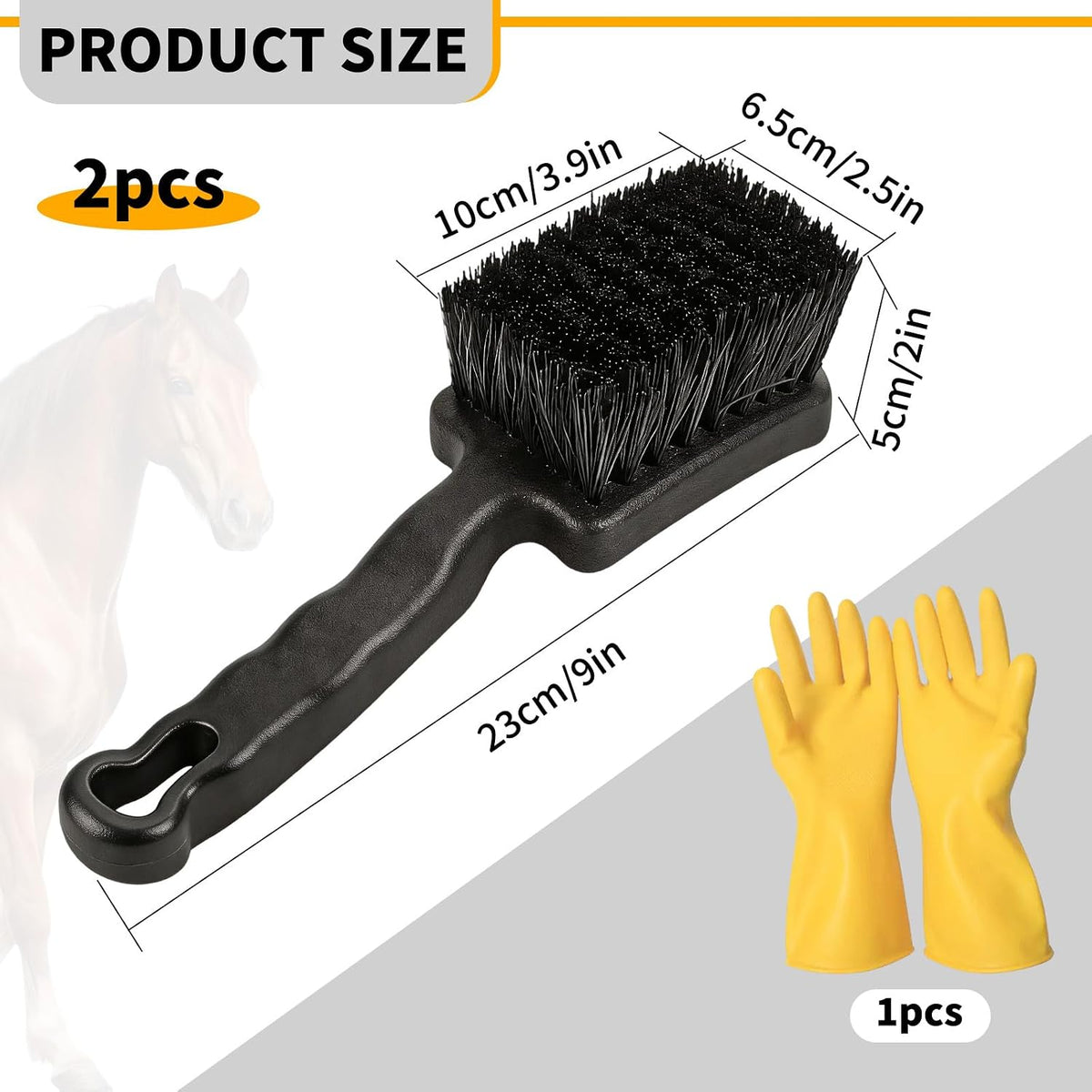 Two pieces of black utility scrub brushes with stiff synthetic bristles and yellow gloves