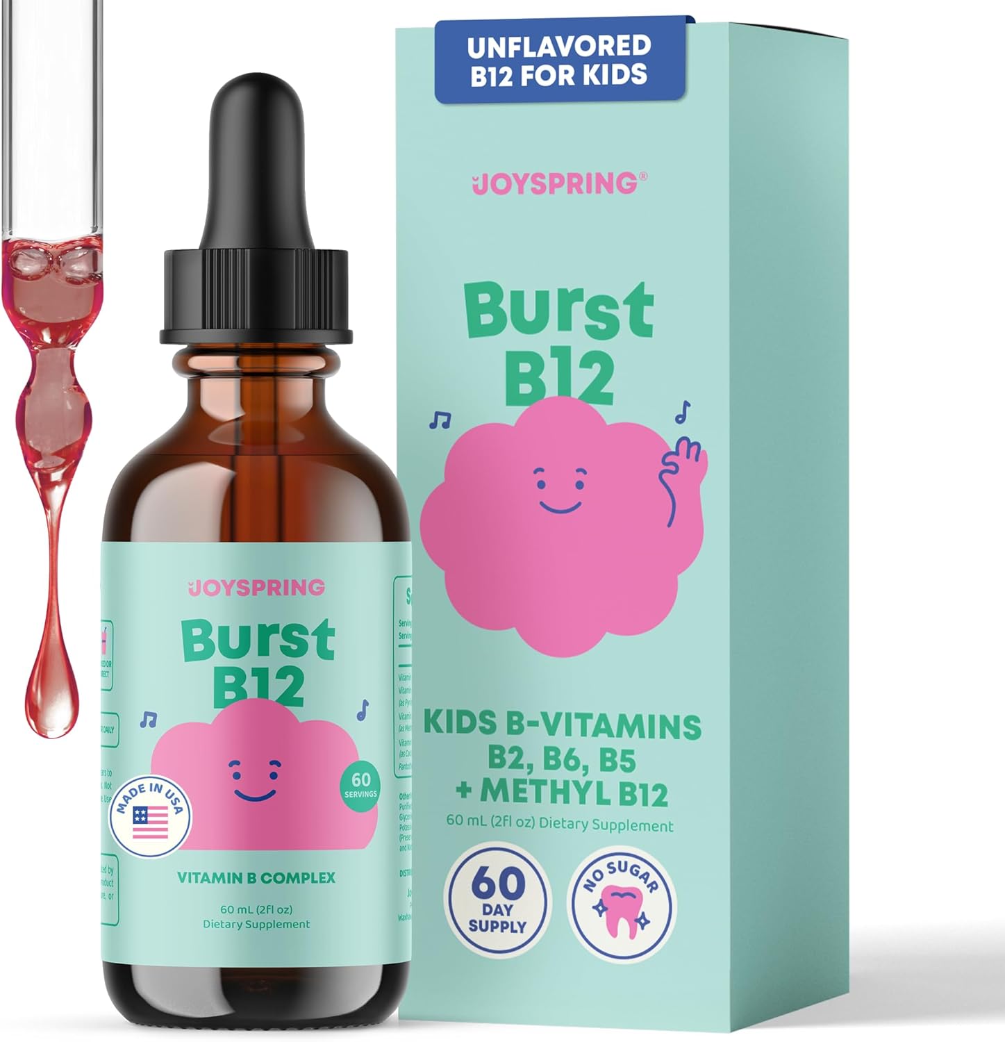 JoySpring Burst B12 Drops liquid vitamin B complex supplement front view for kids health.
