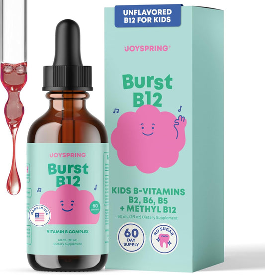 JoySpring Burst B12 Drops liquid vitamin B complex supplement front view for kids health.