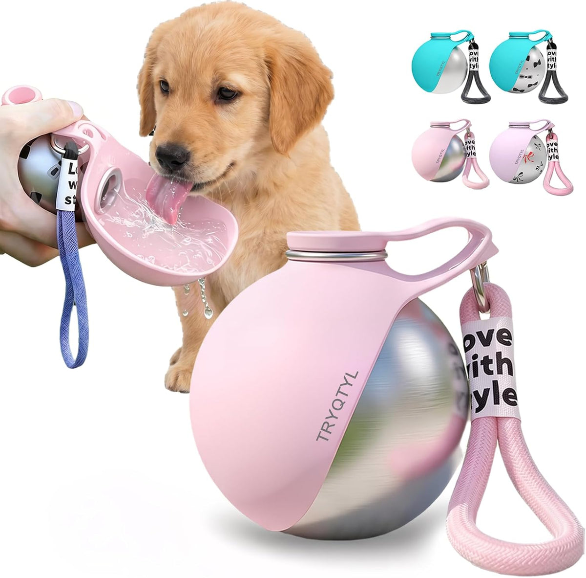 MSRXUP portable dog water bottle front view pink stainless steel pet dispenser