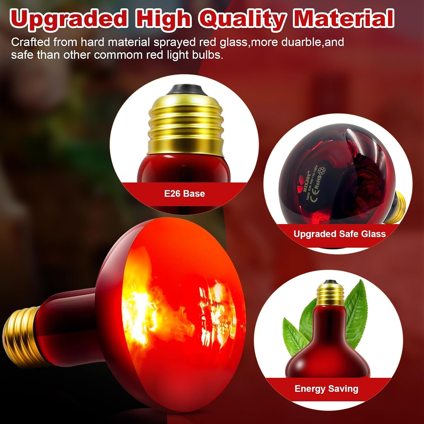 MIXJOY reptile infrared light bulbs emitting non glaring warmth for nocturnal habitat heating.