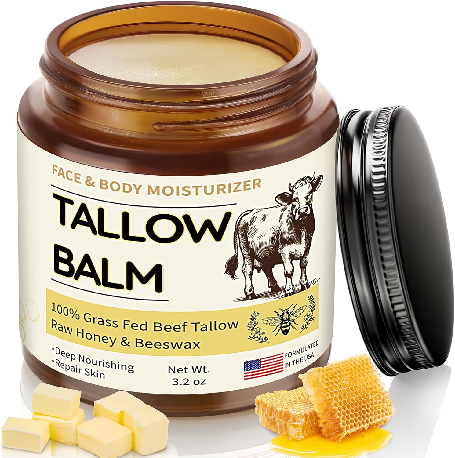 Veakoo beef tallow and honey balm glass jar front view