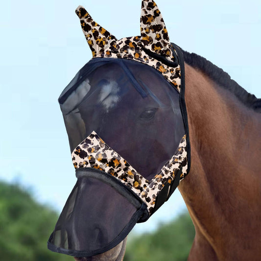 Harrison Howard LumiVista Horse Fly Mask Long Nose with Ears UV Protection for Horse Leopard Print M Cob - Image 2