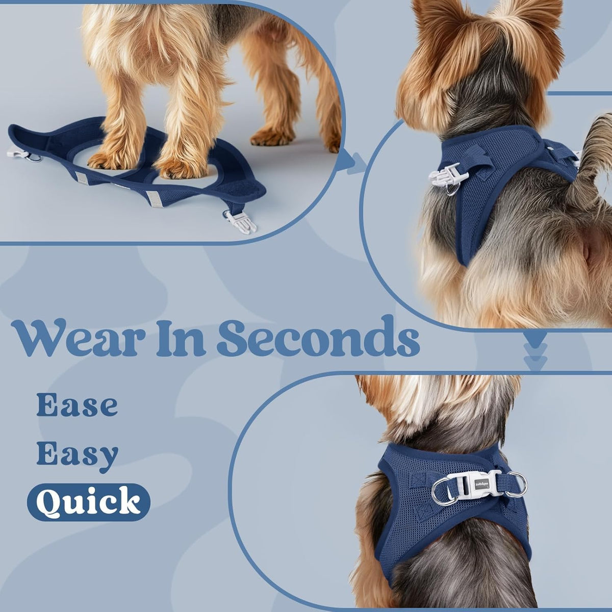 High visibility reflective strips glowing on the edges of the navy blue puppy harness