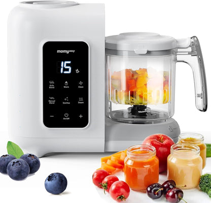 MOMYEASY baby food maker front view showing white digital display panel