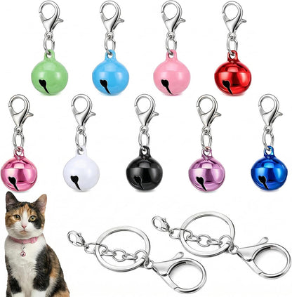 WJIAAA colorful pet bells front view showing nine metallic round jingle bells in assorted colors with lobster clasps