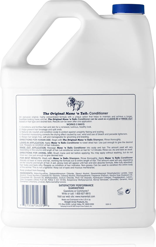 Back label of Mane 'n Tail Conditioner showing ingredients and human usage directions