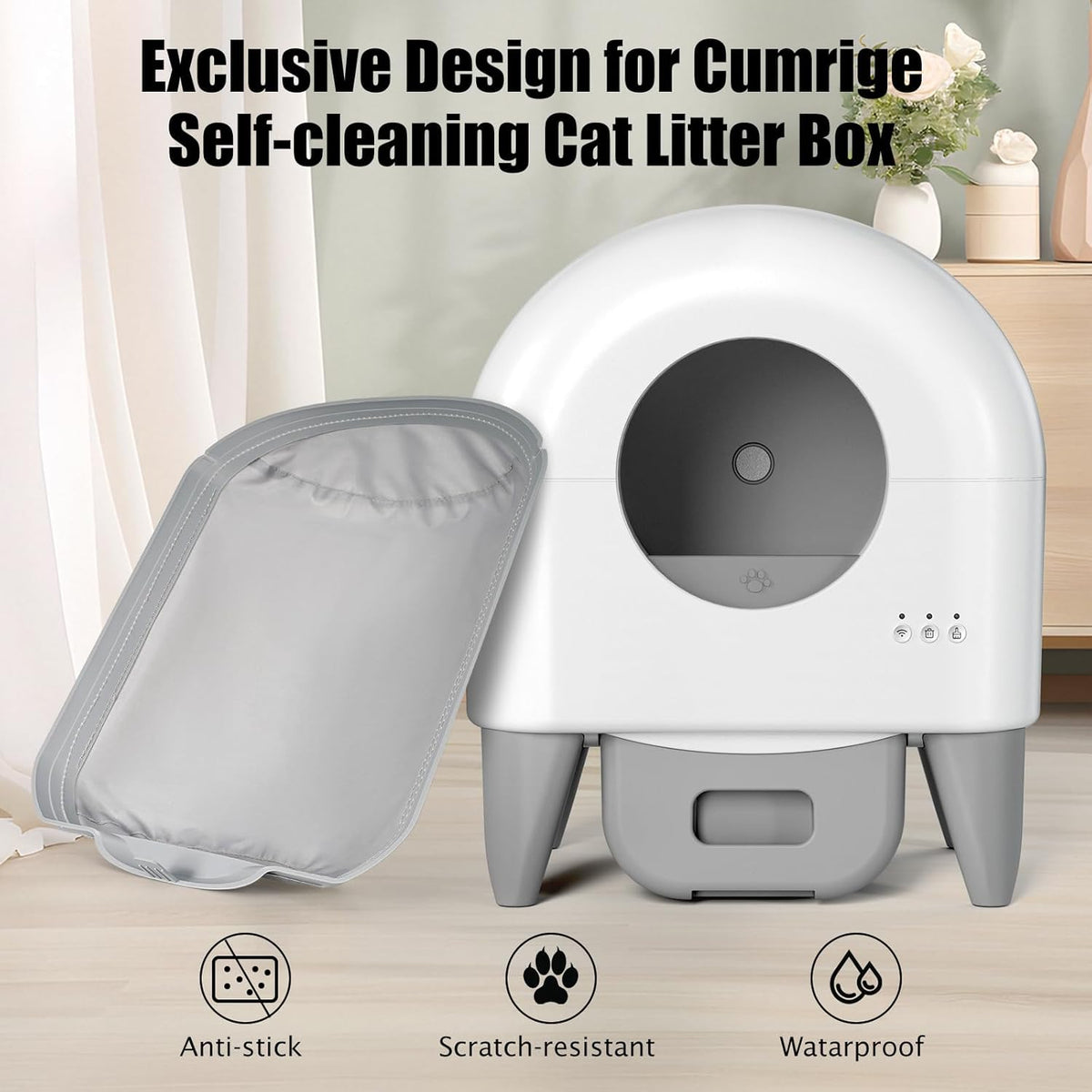 Fumoi self cleaning litter box waterproof replacement pad dimensions and compact style view.