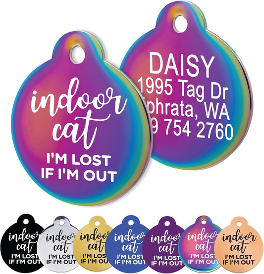 GoTags Personalized Small Indoor Cat ID Tag front view showing the rainbow finish.