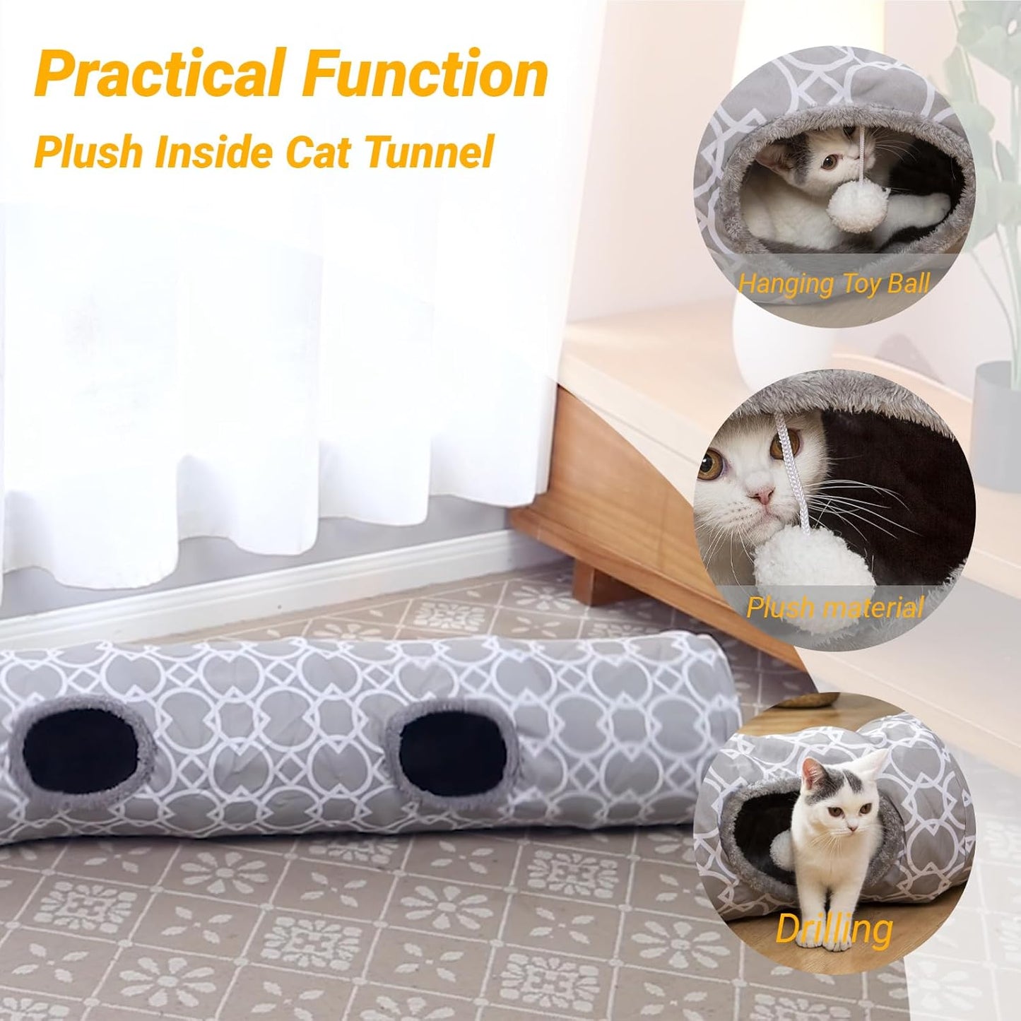 Collapsible pet play tube with dangling toy ball extended fully