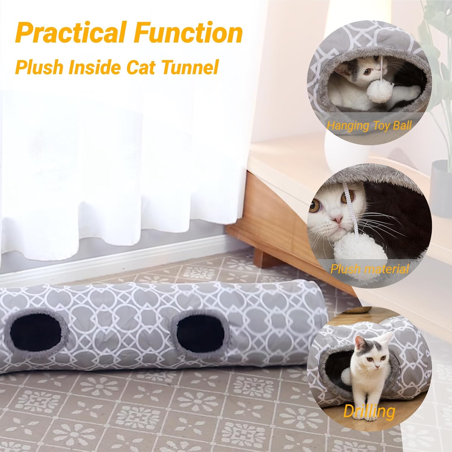 Collapsible pet play tube with dangling toy ball extended fully