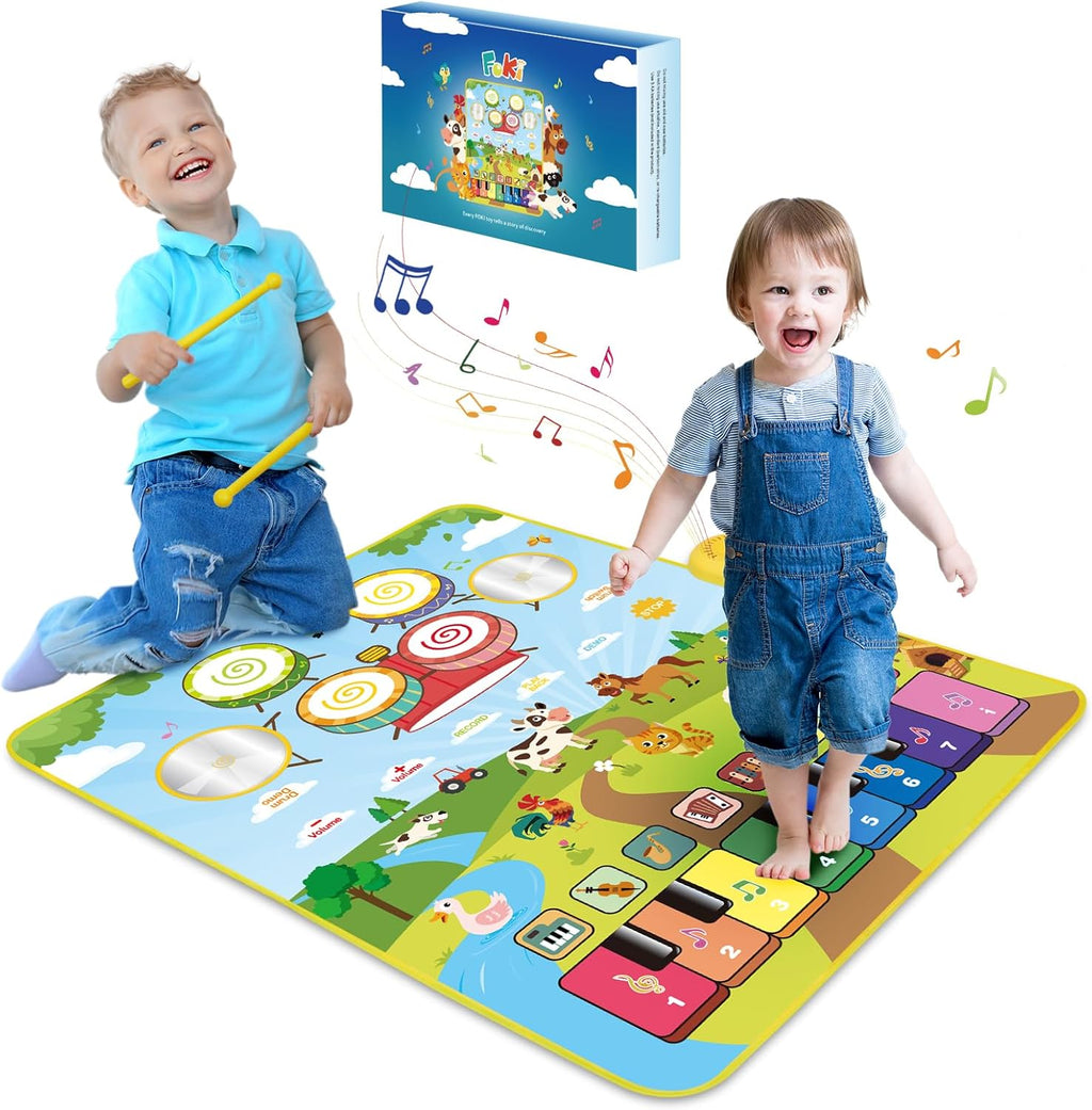 Foki 3 in 1 animal musical play mat front view showing colorful piano keys and drum pads